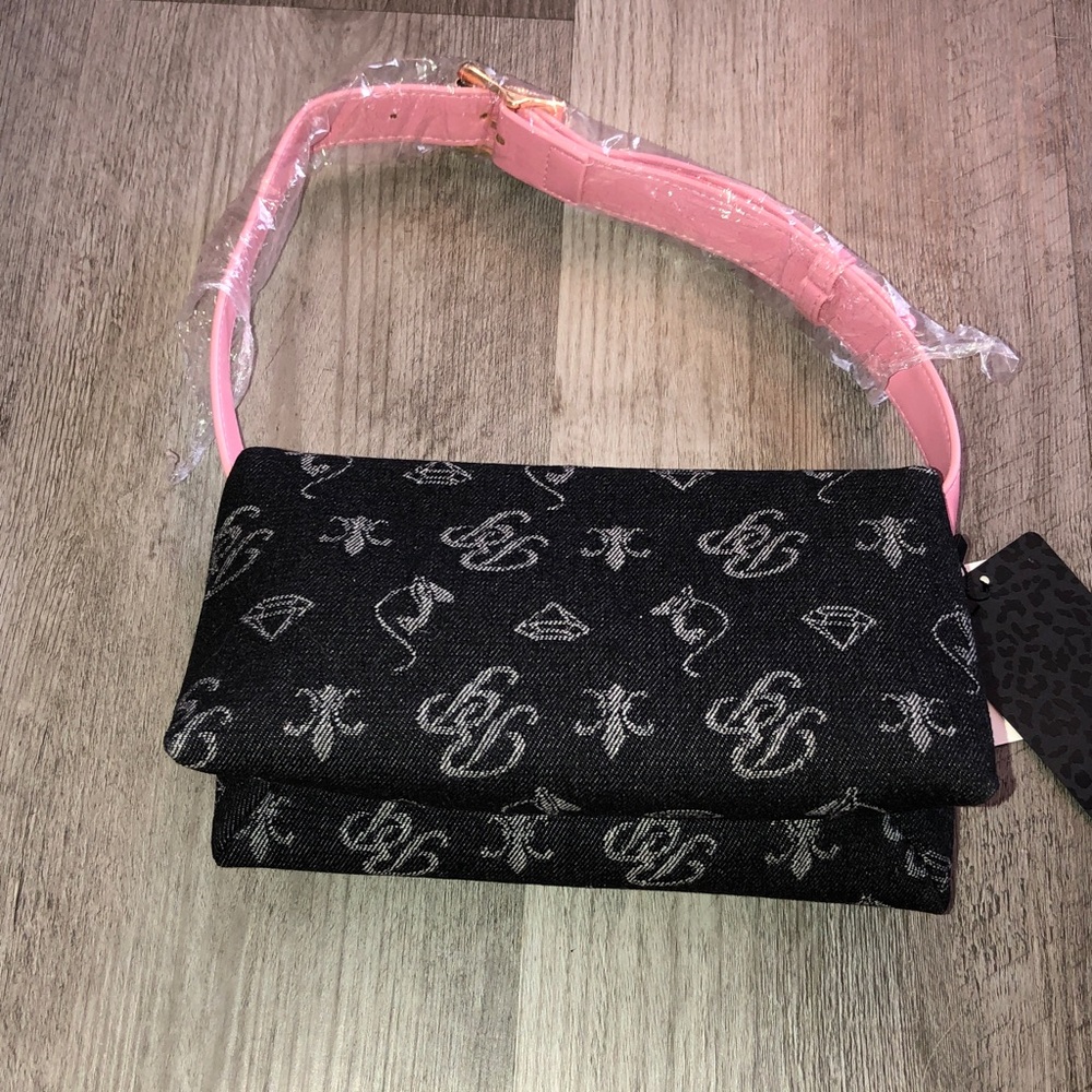 Baby Phat Black Denim & Pink With Monogram Print Flap Shoulder Bag NWT - Picture 8 of 16